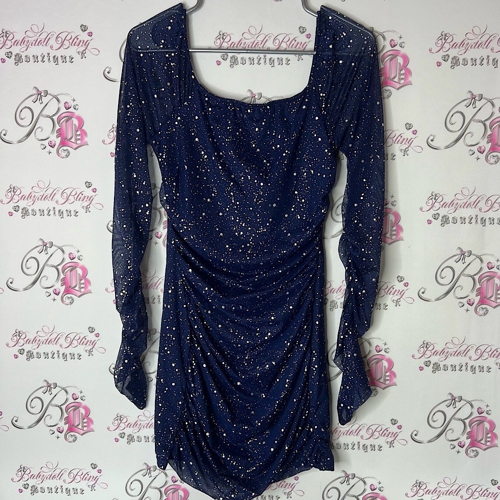 Mxrag dress mini sparkly splatter print silver Elegant Navy Blue Dress rutched